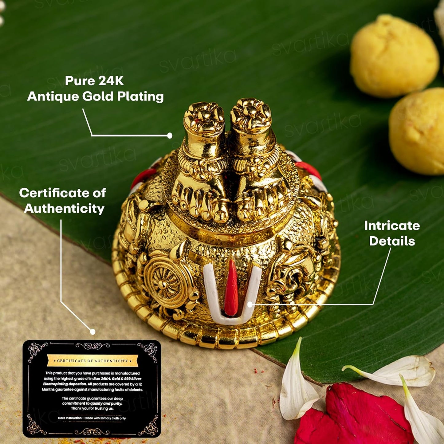 Gold Plated Antique Lord Balaji Charan Paduka (24k gold plated)